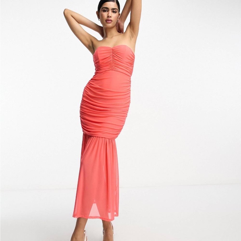 ASOS DESIGN mesh ruched bodycon bandeau flared hem midi dress in coral